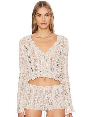 NWT. SNDYS. Crochet Knit Button-Front Crop Cardigan and Shorts Set - Cream